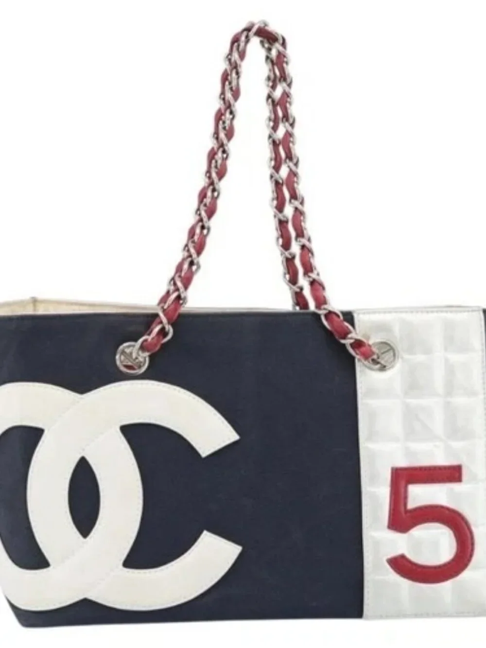 CHANEL Choco Bar Chain Tote Bag No5 Canvas Navy Silver CC Auth 188914